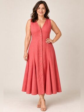 Talbots 100% Linen Godet Maxi Dress Coral Button Front Full Skirt Petite 14